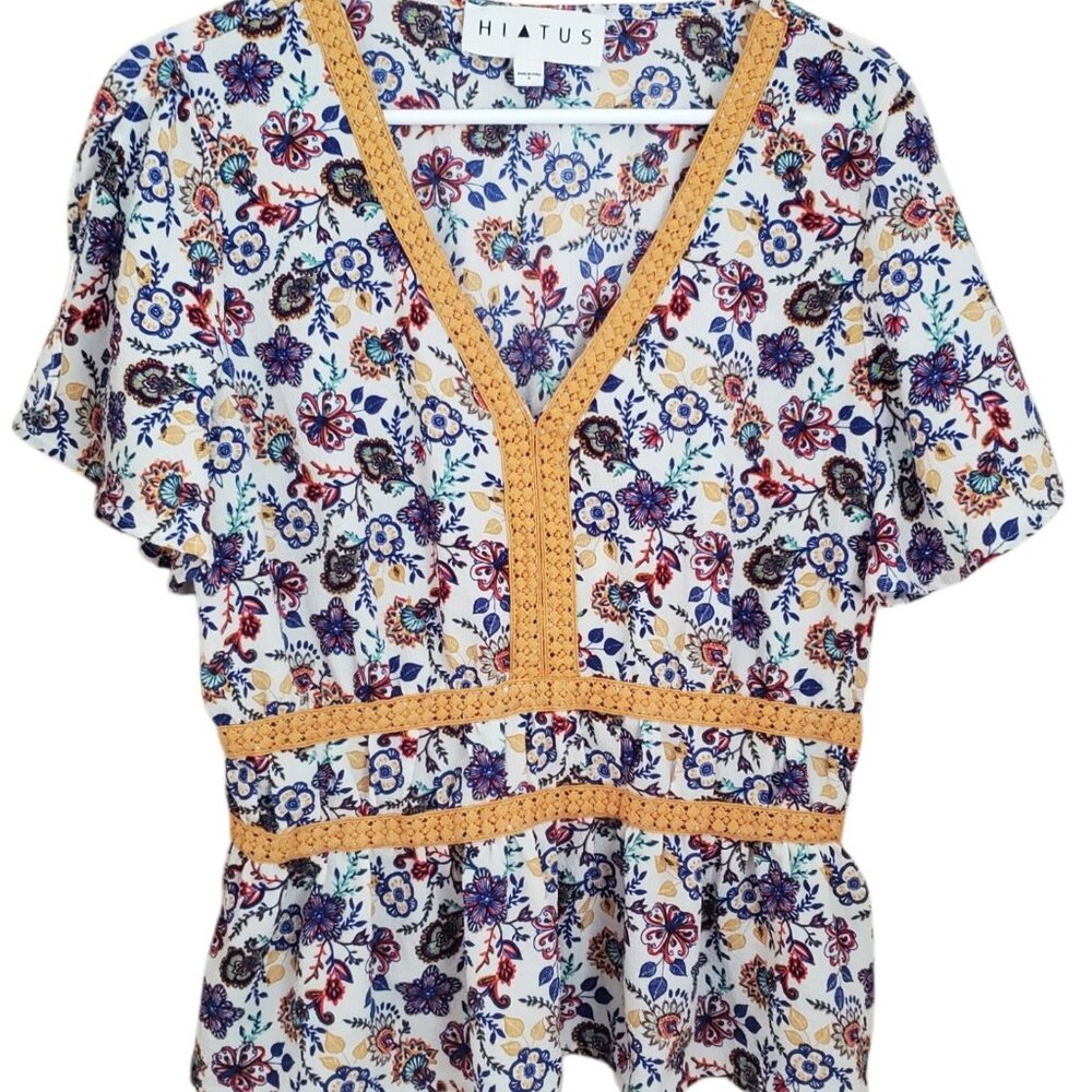 Hiatus Floral Babydoll Tier Top XL Ruffle‎ Slit Sleeve V-Neck Crochet Boho Y2K